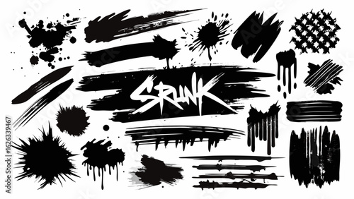 Vector art of collection of black ink brush strokes, splatters, and drips isolated on white background, perfect for grunge and distressed design elements