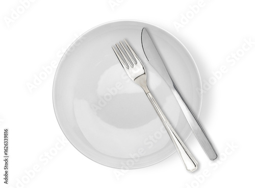Dining Cutlery etiquette: finshed eat Fork and knife signals with location of cutlery set isolated