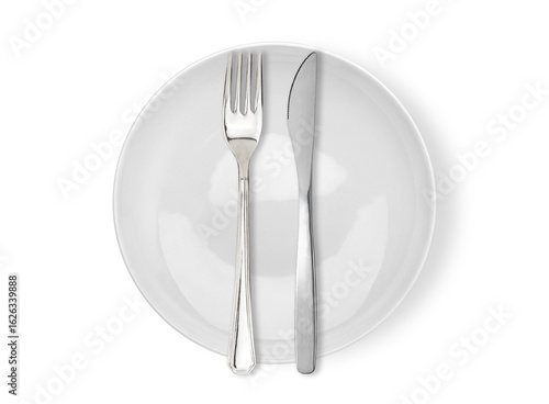 Dining Cutlery etiquette: finshed eat Fork and knife signals with location of cutlery set isolated