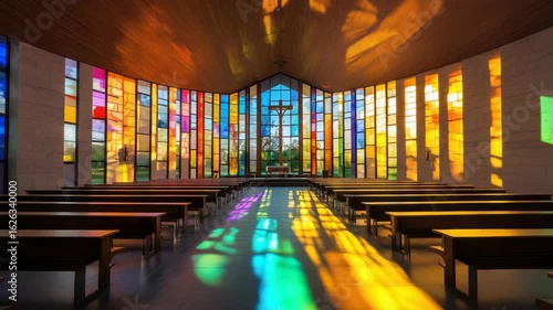 Wallpaper Mural Inside the church stained glass windows with pews Torontodigital.ca