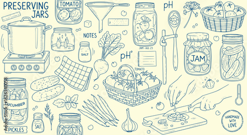 Preserving Jars and Canning Vector Illustration Set. Blue Hand Drawn Doodle of Homemade Pickles, Jam, and Vegetables for Kitchen, Food, and DIY Design. Food Preservation Graphics.