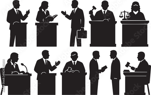 Courtroom silhouette vector set with judge, lawyer, and people at podium in legal scene