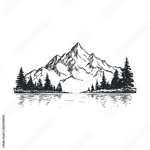 Mountain landscape with trees and water reflection at sunset