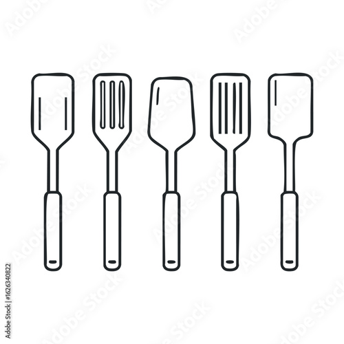 Kitchen utensils with various spatula designs for cooking tasks