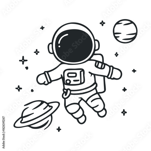 Astronaut floating in space with planets and stars surrounding