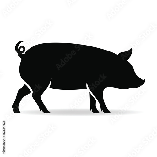 A black silhouette of a pig walking from left to right with its curly tail raised
