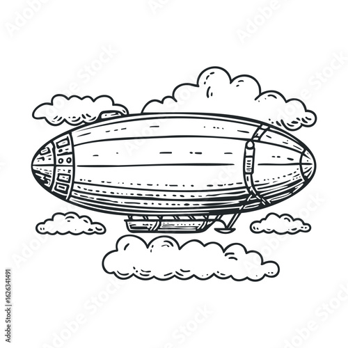 Vintage airship soaring through fluffy clouds in a clear sky