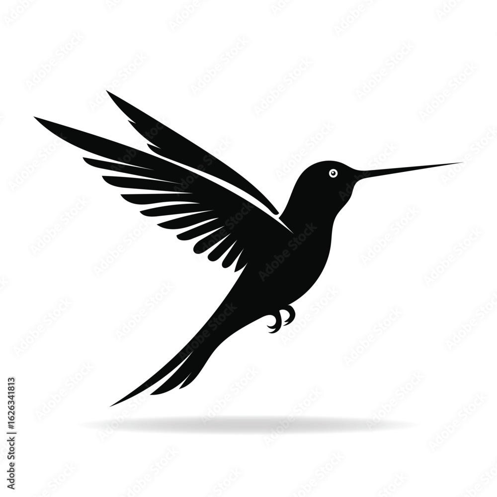 Obraz premium Elegant Black Silhouette of a Hummingbird in Flight with Detailed Wings and Long Beak