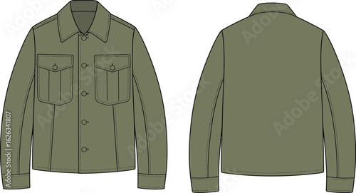 Olive green shirt jacket fashion flat sketch, front and back technical drawing, utility style design, buttoned pockets, menswear apparel
