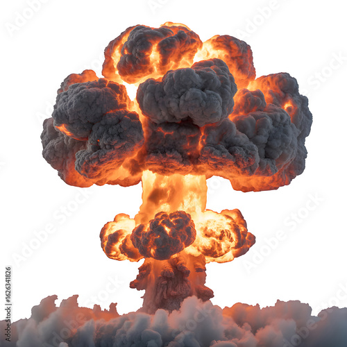 Fiery mushroom cloud explosion isolated on a transparent background fire smoke