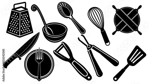 KichBasic Kitchen Utensils Icon Set – Vector Illustration of Spoon, Fork, Knife, Spatula, Tongs, Whisk, Ladle, Peeler, Grater, Rolling Pinen Items Icons