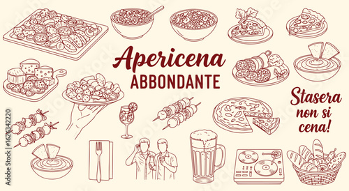 Apericena Abbondante Vector Illustration Set. Hand Drawn Sketch of an Italian Aperitif-Dinner Buffet with Food, Drinks, and Friends for Restaurant, Menu, and Party Design. Italian Food.