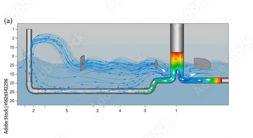 Fluid Dynamics Simulation Showing Flow Through a Pipe System