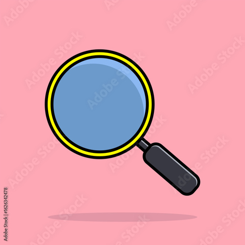 Large magnifying glass with blue glass and black handle against a bright pink background