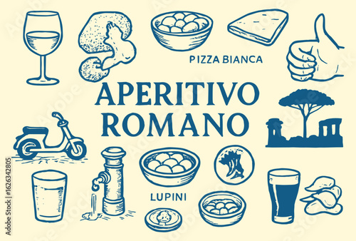 Aperitivo Romano Vector Illustration Set. Blue Hand Drawn Sketch of Roman Food, Culture, and Aperitif Elements for Restaurant, Menu, and Travel Design. Icons of Rome, Italy. Italian.
