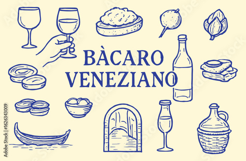 Bàcaro Veneziano Vector Illustration Set. Blue Hand Drawn Sketch of a Venetian Bar with Cicchetti, Wine, and Venice Elements for Restaurant, Menu, and Travel Design. Italian Food Icons.