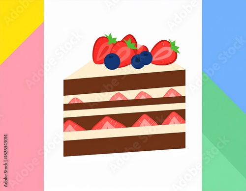 Illustration of a delicious slice of layered cake with strawberries and blueberries on a colorful geometric background