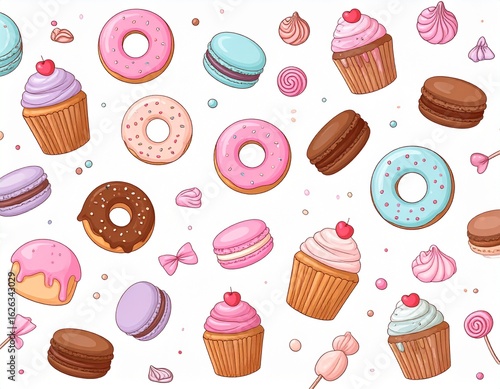 Seamless pattern with colorful cartoon cupcakes, doughnuts and macarons on a white background