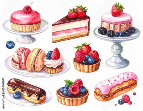 Watercolor illustration set of various desserts including cake, tarts, eclairs, macarons
