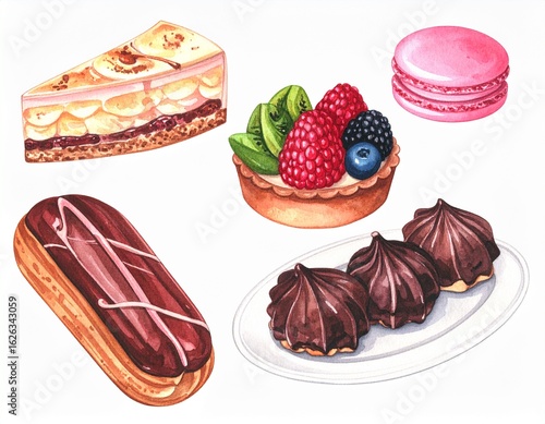Watercolor set of various French pastries and desserts, hand-painted on a white background
