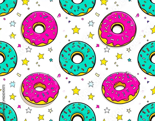Seamless pattern with colorful cartoon donuts and stars on a white background