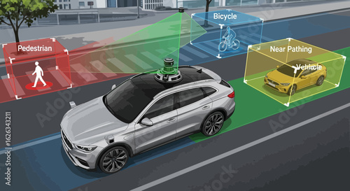 Autonomous Car Navigation System Scanning City Road For Obstacles