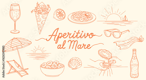 Aperitivo al Mare Vector Illustration Set. Orange Hand Drawn Sketch of a Beach Aperitif with Seafood, Drinks, and Sunset for Summer Vacation and Travel Design. Italian Holiday Graphics.