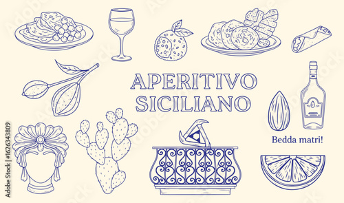 Aperitivo Siciliano Vector Illustration Set. Blue Hand Drawn Line Art of Sicilian Food, Culture, and Aperitif Elements for Restaurant, Menu, and Travel Design. Italian Food Icons.
