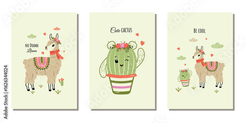 A set of festive templates for birthday invitations, parties, covers, and banners with funny llamas and cacti. Vector illustrations.