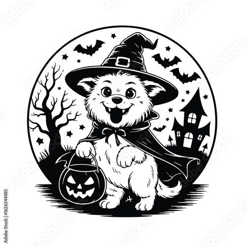 Cute cartoon dog dressed as a witch holding a halloween pumpkin lantern