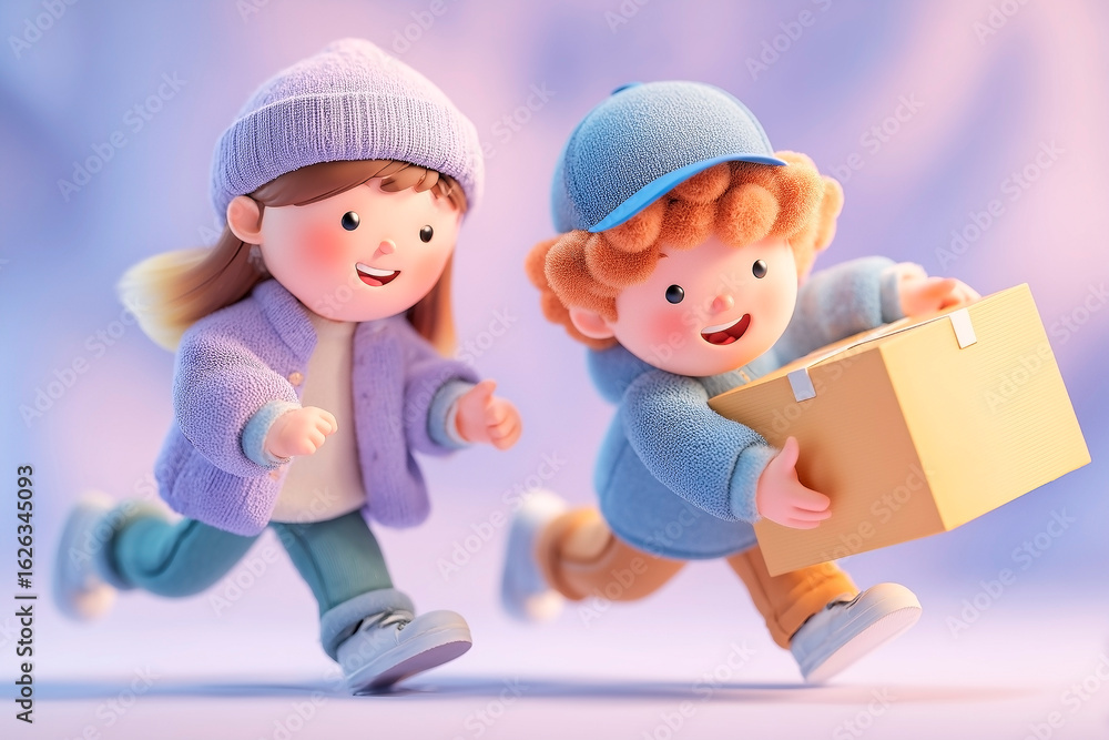 3D Cartoon Kids in Winter Outfits Delivering a Package with Smiles 3D Cartoon Kids in Winter Outfits Delivering a Package with Smiles