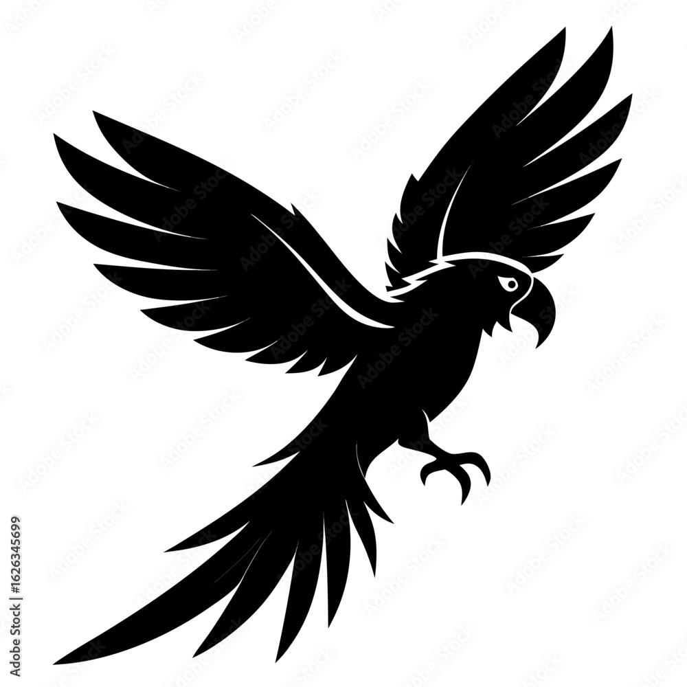 Fototapeta premium Macaw flying vector clean black silhouette design white background
