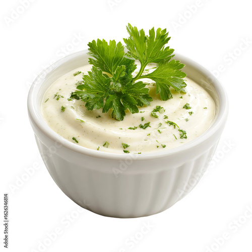 creamy ranch dressing portion in small white container

