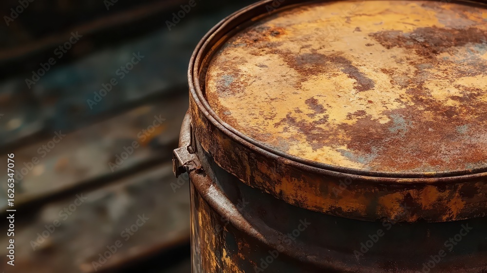 Fototapeta premium Rusty Metal Barrel with Weathered Surface and Industrial Background