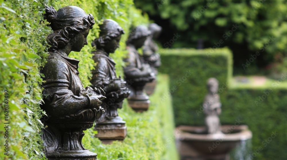 Obraz premium Bronze busts nestled in lush hedges