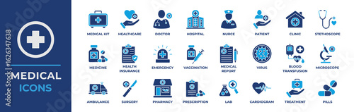 Medical Flat Icon Collection Set. Containing doctor, medicine, hospital, treatment, healthcare, nurse, pills, clinic and more. Simple Flat Vector Illustration