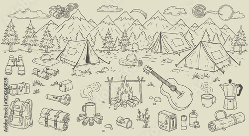 Minimalist Line Art Vector SVG Illustration of Camping Scene with Tents Forest Mountains and Camping Gear in Flat Design Style
