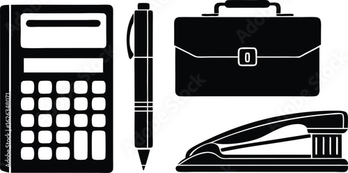 Collection of business and office supplies including a calculator pen briefcase and stapler