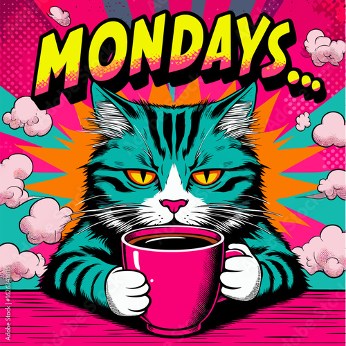 Doomed cat sipping coffee in pop art vector style illustration, Monday vibe