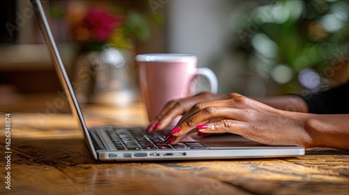 Woman Typing On Laptop At Home With Pink Cup