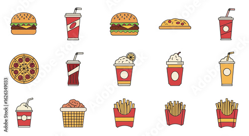 Fast Food Icons Set with Burger, Pizza and Drinks