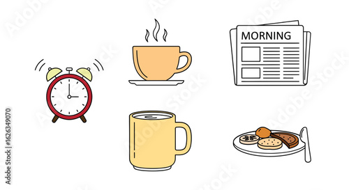 Morning Essentials: Breakfast, Coffee, and Newspaper Icons