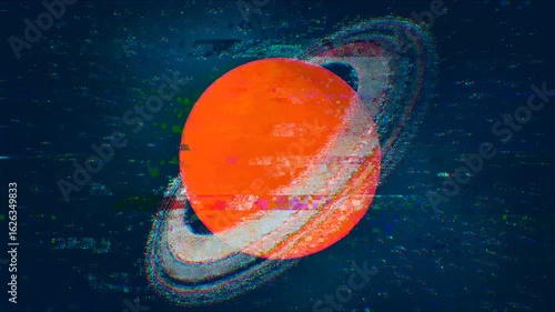 Abstract planet Saturn moving. Neon orange glowing circle. Universe graphic effect. Television or computer screen with glitches, distortions and static effects