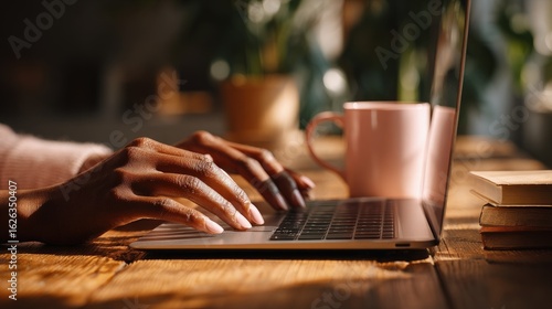 Woman Typing On Laptop At Wooden Desk