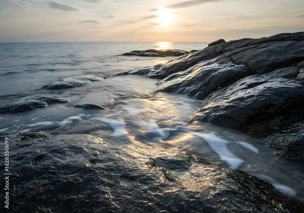 Fototapeta premium Coastal view of rocks and ocean water with the sun setting on the horizon, creating a serene and peaceful scene.
