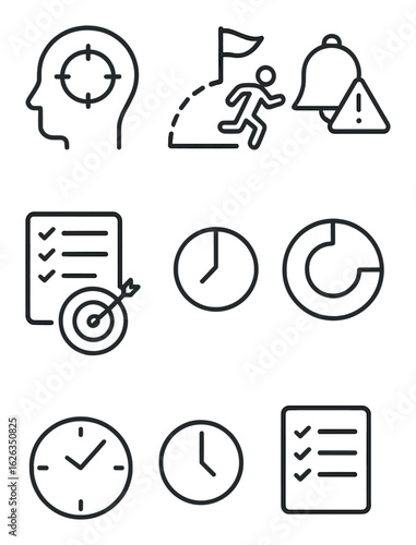 Agile Team Icons. Outline icon set of agile team productivity: focus icon, sprint goal, time block,