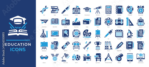 Education icons set collection. Including books, learning tools, school supplies, and science symbols. Ideal for academic platforms, e-learning apps, classroom materials, and educational content.