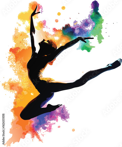 Silhouette of a dancer leaping with vibrant colorful watercolor splashes behind her