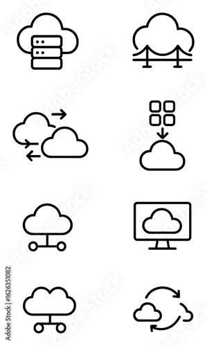 Hybrid Cloud Icons. Outline icon set of hybrid cloud: private cloud, public cloud, cloud bridge, data transfer