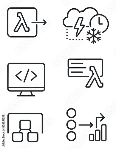 Serverless Architecture Icons. Outline icon set of serverless architecture: function call, event trigger, cold